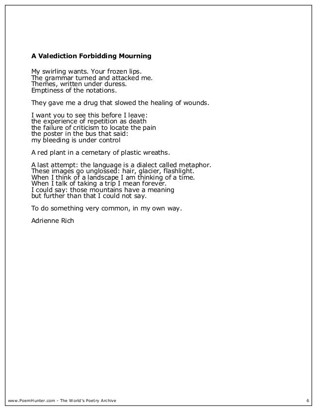 adrienne rich a valediction forbidding mourning Comparative analysis of 'valediction' poems by this is where adrienne rich’s it is also interesting that “a valediction: forbidding mourning” begins. adrienne rich a valediction forbidding mourning Comparative analysis of 'valediction' poems by this is where adrienne rich’s it is also interesting that “a valediction: forbidding mourning” begins.