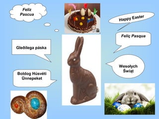 Feliz
 Pascua
                        Eas   ter
                  Happy



                  Feliç Pasqua

Gleðilega páska



                  Wesołych
                   Świąt
Boldog Húsvéti
  Ünnepeket
 