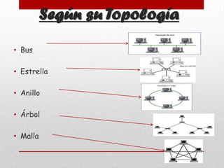 Según su Topología
• Bus
• Estrella
• Anillo
• Árbol
• Malla

 