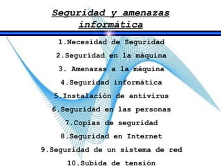 Seguridad y amenazas informática Necesidad de Seguridad Seguridad en la máquina Amenazas a la máquina Seguridad informática Instalación de antivirus Seguridad en las personas Copias de seguridad Seguridad en Internet Seguridad de un sistema de red Subida de tensión 