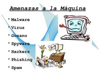 Amenazas a la Máquina Malware Virus Gusano Spyware Hackers Phishing Spam 