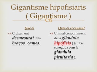 
Gigantisme hipofisiaris
( Gigantisme )
Què és
 Creixement
desmesurat dels
braços i cames.
Quin és el causant
 Un mal conportament
de la glàndula
hipófisis ( tambè
coneguda com la
glàndula
pituitaria ).
 