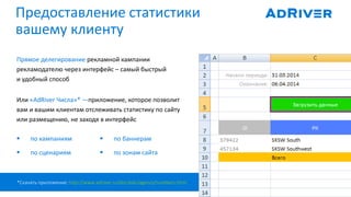 Предоставление статистики
вашему клиенту
 по кампаниям
 по сценариям
 по баннерам
 по зонам сайта
*Скачать приложение: http://www.adriver.ru/doc/edu/agency/numbers.html
Или «AdRiver Числа»* —приложение, которое позволит
вам и вашим клиентам отслеживать статистику по сайту
или размещению, не заходя в интерфейс
Прямое делегирование рекламной кампании
рекламодателю через интерфейс – самый быстрый
и удобный способ
 
