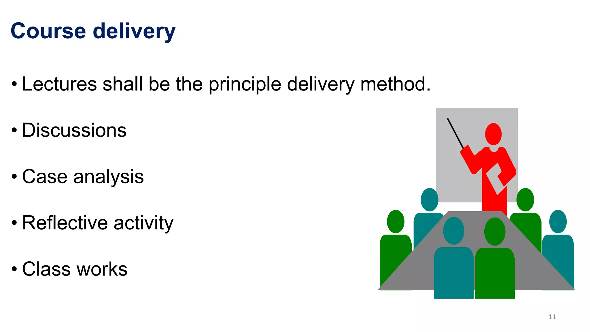 Course delivery
• Lectures shall be the principle delivery method.
• Discussions
• Case analysis
• Reflective activity
• Class works
11
 
