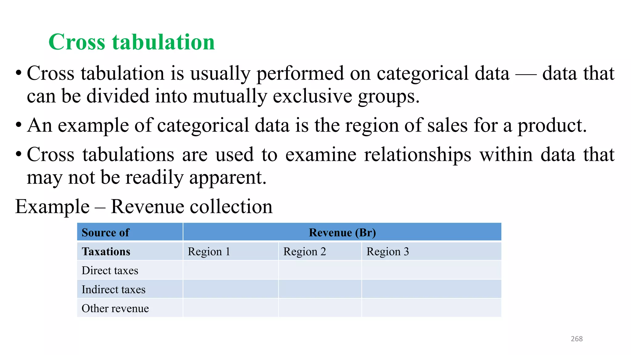 Cross tabulation
• Cross tabulation is usually performed on categorical data — data that
can be divided into mutually exclusive groups.
• An example of categorical data is the region of sales for a product.
• Cross tabulations are used to examine relationships within data that
may not be readily apparent.
Example – Revenue collection
Source of Revenue (Br)
Taxations Region 1 Region 2 Region 3
Direct taxes
Indirect taxes
Other revenue
268
 