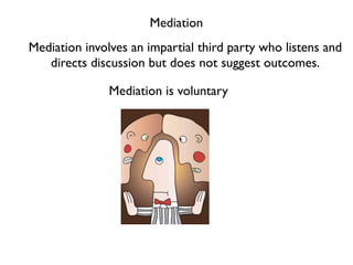 Mediation
Mediation involves an impartial third party who listens and
   directs discussion but does not suggest outcomes.

               Mediation is voluntary
 
