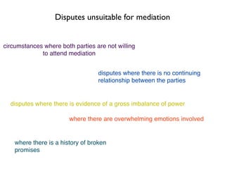 Disputes unsuitable for mediation


circumstances where both parties are not willing
             to attend mediation


                                   disputes where there is no continuing
                                   relationship between the parties


  disputes where there is evidence of a gross imbalance of power

                        where there are overwhelming emotions involved


    where there is a history of broken
    promises
 