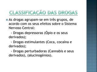  As drogas agrupam-se em três grupos, de
acordo com os seus efeitos sobre o Sistema
Nervoso Central:
- Drogas depressoras (Ópio e os seus
derivados);
- Drogas estimulantes (Coca, cocaína e
derivados);
- Drogas perturbadoras (Cannabis e seus
derivados), (alucinogénios).
 