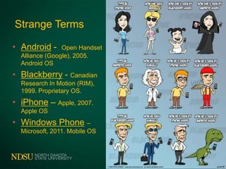 Strange Terms

• Android -     Open Handset
  Alliance (Google), 2005.
  Android OS
• Blackberry - Canadian
  Research In Motion (RIM),
  1999. Proprietary OS.
• iPhone – Apple, 2007.
  Apple OS
• Windows Phone –
  Microsoft, 2011. Mobile OS
 
