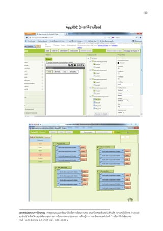 53


                                               App002 (ธงชาติอาเซียน)




--------------------------------------------------------------------------------------------------------------------------
เอกสารประกอบการฝกอบรม การออกแบบและพัฒนาสื่อเพือการเรียนการสอน บนเครื่องคอมพิวเตอรแท็บเล็ต (ระบบปฏิบัตการ Android)
                                                                       ่                                                   ิ
ศูนยแมขายจังหวัด : ศูนยพัฒนาคุณภาพการเรียนการสอนกลุมสาระการเรียนรูการงานอาชีพและเทคโนโลยี โรงเรียนวังโปงพิทยาคม
                                                                                          
วันที่ 16-18 สิงหาคม พ.ศ. 2555 เวลา 8.00 -16.00 น
 