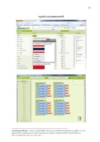 54


                                            App003 (แบบทดสอบธงชาติ)




--------------------------------------------------------------------------------------------------------------------------
เอกสารประกอบการฝกอบรม การออกแบบและพัฒนาสื่อเพือการเรียนการสอน บนเครื่องคอมพิวเตอรแท็บเล็ต (ระบบปฏิบัตการ Android)
                                                                       ่                                                   ิ
ศูนยแมขายจังหวัด : ศูนยพัฒนาคุณภาพการเรียนการสอนกลุมสาระการเรียนรูการงานอาชีพและเทคโนโลยี โรงเรียนวังโปงพิทยาคม
                                                                                          
วันที่ 16-18 สิงหาคม พ.ศ. 2555 เวลา 8.00 -16.00 น
 
