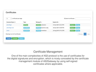 Certiﬁcate Management
One of the main complexities of AS2 protocol is the use of certiﬁcates for
the digital signatures and encryption, which is nicely concealed by the certiﬁcate
management module of AS2Gateway by using self-signed
certiﬁcates where applicable.
 