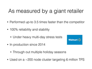 As measured by a giant retailer
• Performed up-to 3.5 times faster than the competitor
• 100% reliability and stability
• Under heavy multi-day stress tests
• In production since 2014
• Through out multiple holiday seasons
• Used on a ~200 node cluster targeting 6 million TPS
 