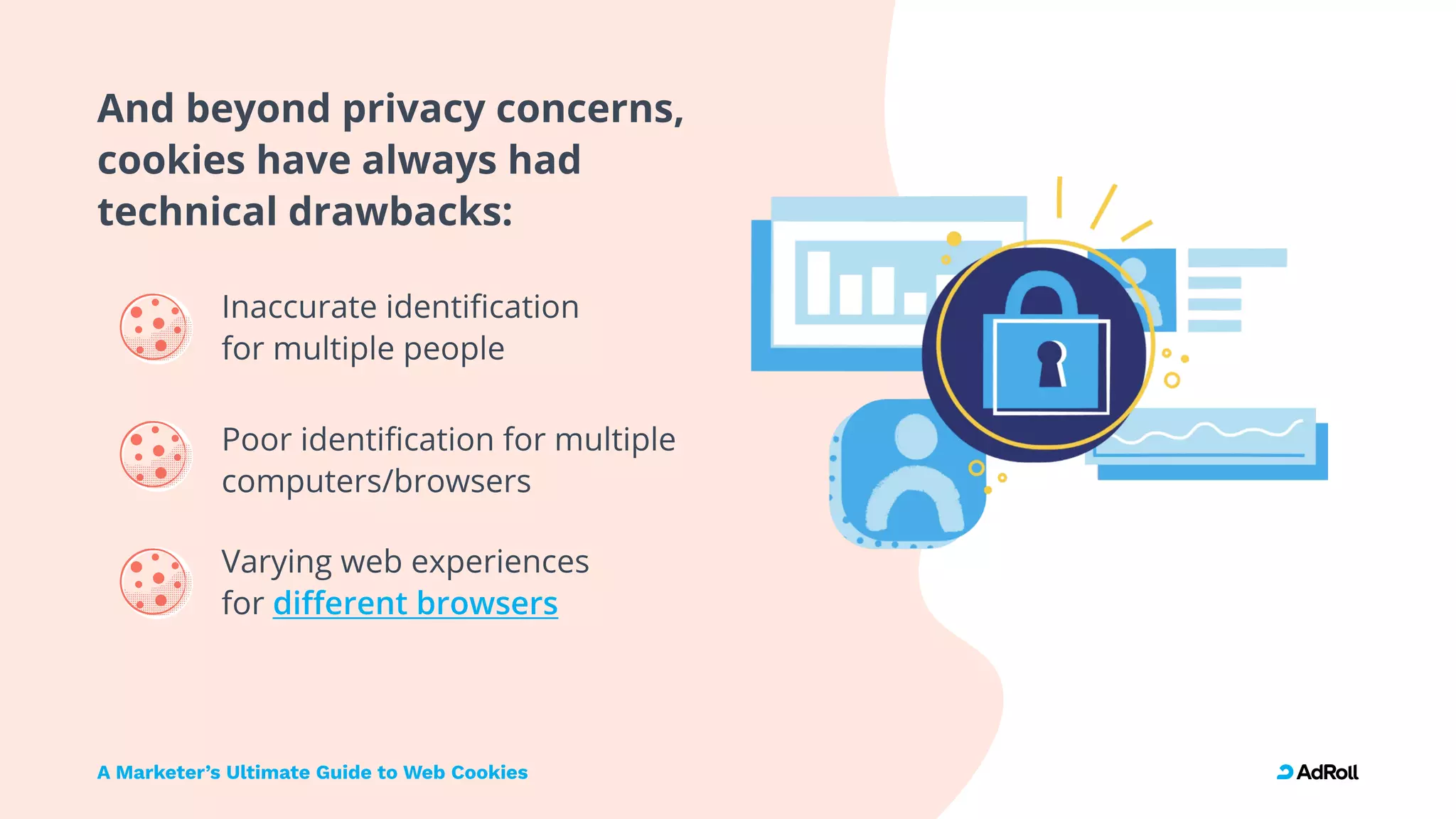 And beyond privacy concerns,

cookies have always had

technical drawbacks:
Inaccurate identification
for multiple people
Poor identification for multiple
computers/browsers
Varying web experiences  
for different browsers
A Marketer’s Ultimate Guide to Web Cookies
 