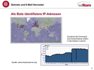 Botnets und E-Mail Harvester



Als Bots identifiziere IP-Adressen




                                     Zunahme der Command
                                     and Control-Server (C&C)
                                     in den letzten 2 Jahren




Quelle: www.shadowserver.org


                                                                11
 