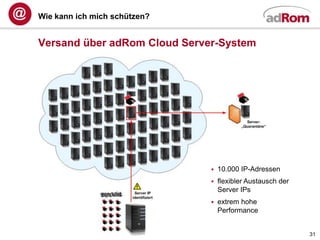 Wie kann ich mich schützen?


Versand über adRom Cloud Server-System




                                 10.000 IP-Adressen
                                 flexibler Austausch der
                                  Server IPs
                                 extrem hohe
                                  Performance


                                                            31
 
