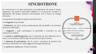 LisandroMilanesi
7
SINCROTRONE
Un sincrotrone è un tipo particolare di acceleratore nel quale il campo
magnetico che guida le particelle, deflesse in un percorso circolare, è
dipendente dal tempo essendo sincronizzato con il fascio di energia
crescente.
I componenti principali di questa macchina sono:
• la sorgente di particelle;
• l’iniettore, che dà la prima accelerazione alle particelle e le immette
all’interno dell’anello;
• i magneti, i quali costringono le particelle a muoversi su una
traiettoria circolare;
• la cavità a radiofrequenza, che è costituita da due elettrodi cavi e
causa un incremento dell’energia dei protoni ad ogni transito;
• il sistema di estrazione, che fa uscire i pacchetti di protoni che
circolano nell’anello una volta raggiunta l’energia desiderata;
• la camera a vuoto per il fascio estratto.
 