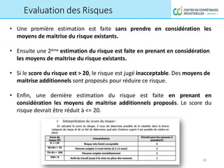 Evaluation des Risques
• Une première estimation est faite sans prendre en considération les
moyens de maitrise du risque existants.
• Ensuite une 2ème estimation du risque est faite en prenant en considération
les moyens de maitrise du risque existants.
• Si le score du risque est > 20, le risque est jugé inacceptable. Des moyens de
maitrise additionnels sont proposés pour réduire ce risque.
• Enfin, une dernière estimation du risque est faite en prenant en
considération les moyens de maitrise additionnels proposés. Le score du
risque devrait être réduit à <= 20.
20
 