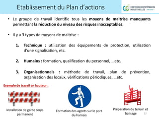 • Le groupe de travail identifie tous les moyens de maitrise manquants
permettant la réduction du niveau des risques inacceptables.
• Il y a 3 types de moyens de maitrise :
1. Technique : utilisation des équipements de protection, utilisation
d'une signalisation, etc.
2. Humains : formation, qualification du personnel, …etc.
3. Organisationnels : méthode de travail, plan de prévention,
organisation des locaux, vérifications périodiques, …etc.
Exemple de travail en hauteur :
Etablissement du Plan d’actions
22
Formation des agents sur le port
du harnais
Préparation du terrain et
balisage
Installation de garde corps
permanent
 
