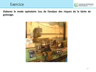 Elaborez le mode opératoire issu de l’analyse des risques de la tâche de
graissage.
Exercice
27
 