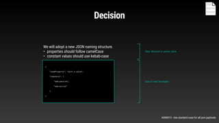 Decision
{
"someProperty": "with a value",
"channels": [
"web-passive",
"web-active"
]
}
We will adopt a new JSON naming structure.
• properties should follow camelCase
• constant values should use kebab-case
Clear decision in active voice
Easy to read examples
ADR0013 - Use standard case for all json payloads
 