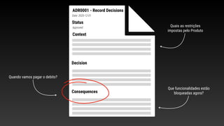 Context
Decision
Consequences
ADR0001 - Record Decisions
Date: 2020-12-01
Status
Approved
Quando vamos pagar o debito?
Quais as restrições
impostas pelo Produto
Que funcionalidades estão
bloqueadas agora?
 