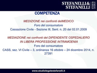 www.studiolegalestefanelli.it
COMPETENZA
MEDIZIONE nei confronti delMEDICO
Foro del consumatore
Cassazione Civile - Sezione III, Sent. n. 20 del 02.01.2009
MEDIAZIONE nei confronti del DIPENDENTE OSPEDALIERO
IN LIBERA PROFESSIONE INTRAMOENIA
Foro del consumatore
CASS, sez. VI Civile – 3, ordinanza 16 ottobre – 24 dicembre 2014, n.
27391
 