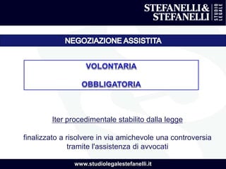 www.studiolegalestefanelli.it
Iter procedimentale stabilito dalla legge
finalizzato a risolvere in via amichevole una controversia
tramite l'assistenza di avvocati
 
