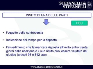 www.studiolegalestefanelli.it
INVITO DI UNA DELLE PARTI
• l'oggetto della controversia
• Indicazione del tempo per la risposta
• l'avvertimento che la mancata risposta all'invito entro trenta
giorni dalla ricezione o il suo rifiuto puo' essere valutato dal
giudice (articoli 96 e 642 cpc)
PEC
 