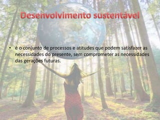 • é o conjunto de processos e atitudes que podem satisfazer as
  necessidades do presente, sem comprometer as necessidades
  das gerações futuras.
 