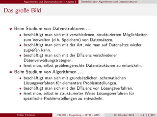 Algorithmen und Datenstrukturen – Kapitel 1

Überblick über Algorithmen und Datenstrukturen

Das große Bild
Beim Studium von Datenstrukturen . . .
beschäftigt man sich mit verschiedenen, strukturierten Möglichkeiten
zum Verwalten (d.h. Speichern) von Datensätzen.
beschäftigt man sich mit der Art, wie man auf Datensätze wieder
zugreifen kann.
beschäftigt man sich mit der Eﬃzienz verschiedener
Datenverwaltungstrategien.
lernt man, selbst problemgerechte Datenstrukturen zu entwickeln.

Beim Studium von Algorithmen . . .
beschäftigt man sich mit grundsätzlichen, schematischen
Lösungsverfahren für elementare Problemstellungen.
beschäftigt man sich mit der Eﬃzienz von Lösungsverfahren.
lernt man, selbst in strukturierter Weise Lösungsverfahren für
speziﬁsche Problemstellungen zu entwickeln.

Volker Christian

FH-OÖ – Hagenberg – MTD – ADS

22. Oktober 2013

1-9 | 9/461

 