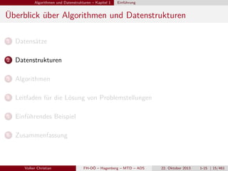 Algorithmen und Datenstrukturen – Kapitel 1

Einführung

Überblick über Algorithmen und Datenstrukturen
1

Datensätze

2

Datenstrukturen

3

Algorithmen

4

Leitfaden für die Lösung von Problemstellungen

5

Einführendes Beispiel

6

Zusammenfassung

Volker Christian

FH-OÖ – Hagenberg – MTD – ADS

22. Oktober 2013

1-15 | 15/461

 