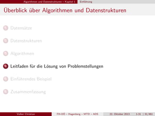 Algorithmen und Datenstrukturen – Kapitel 1

Einführung

Überblick über Algorithmen und Datenstrukturen
1

Datensätze

2

Datenstrukturen

3

Algorithmen

4

Leitfaden für die Lösung von Problemstellungen

5

Einführendes Beispiel

6

Zusammenfassung

Volker Christian

FH-OÖ – Hagenberg – MTD – ADS

22. Oktober 2013

1-31 | 31/461

 