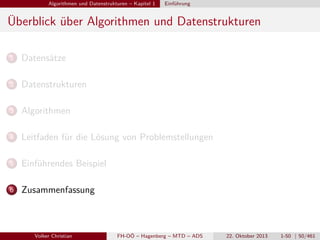 Algorithmen und Datenstrukturen – Kapitel 1

Einführung

Überblick über Algorithmen und Datenstrukturen
1

Datensätze

2

Datenstrukturen

3

Algorithmen

4

Leitfaden für die Lösung von Problemstellungen

5

Einführendes Beispiel

6

Zusammenfassung

Volker Christian

FH-OÖ – Hagenberg – MTD – ADS

22. Oktober 2013

1-50 | 50/461

 