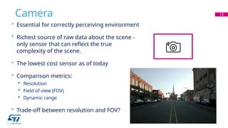 Camera
• Essential for correctly perceiving environment
• Richest source of raw data about the scene -
only sensor that can reflect the true
complexity of the scene.
• The lowest cost sensor as of today
• Comparison metrics:
• Resolution
• Field of view (FOV)
• Dynamic range
• Trade-off between resolution and FOV?
12
 