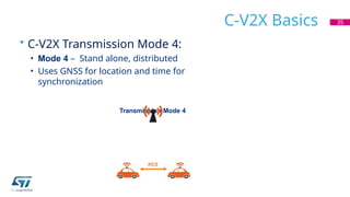 C-V2X Basics
• C-V2X Transmission Mode 4:
• Mode 4 – Stand alone, distributed
• Uses GNSS for location and time for
synchronization
Transmission Mode 4
35
PC5
 