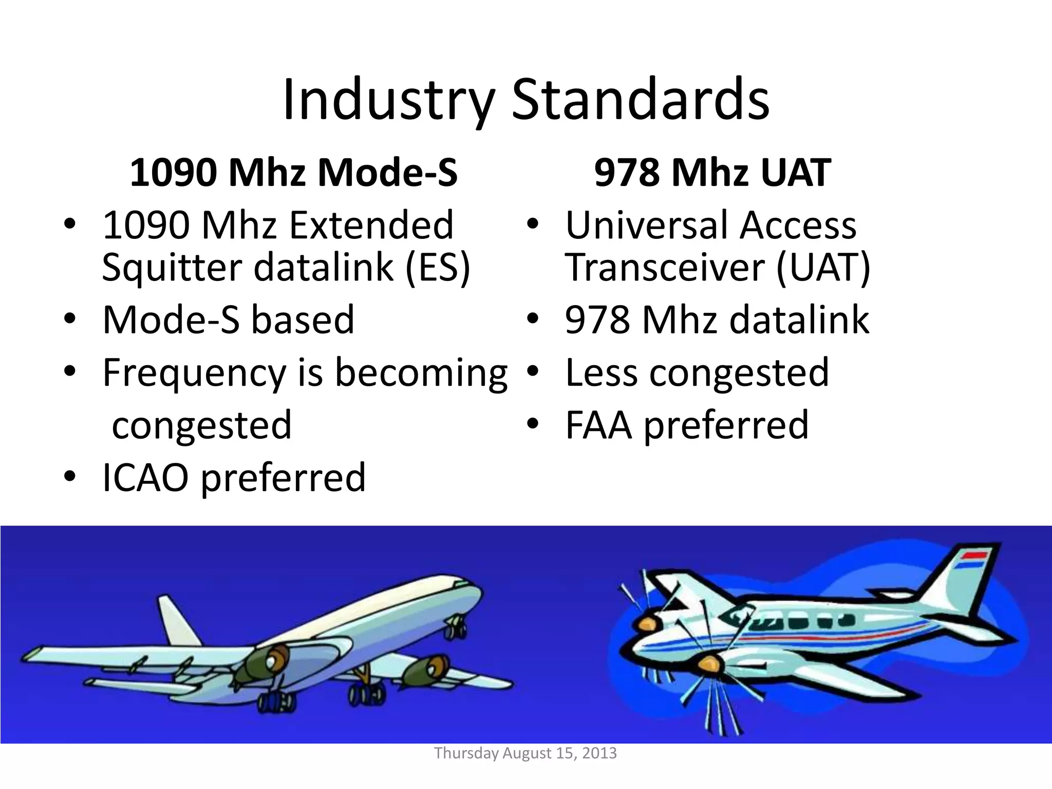 Industry Standards
1090 Mhz Mode-S
• 1090 Mhz Extended
Squitter datalink (ES)
• Mode-S based
• Frequency is becoming
congested
• ICAO preferred
978 Mhz UAT
• Universal Access
Transceiver (UAT)
• 978 Mhz datalink
• Less congested
• FAA preferred
Thursday August 15, 2013
 