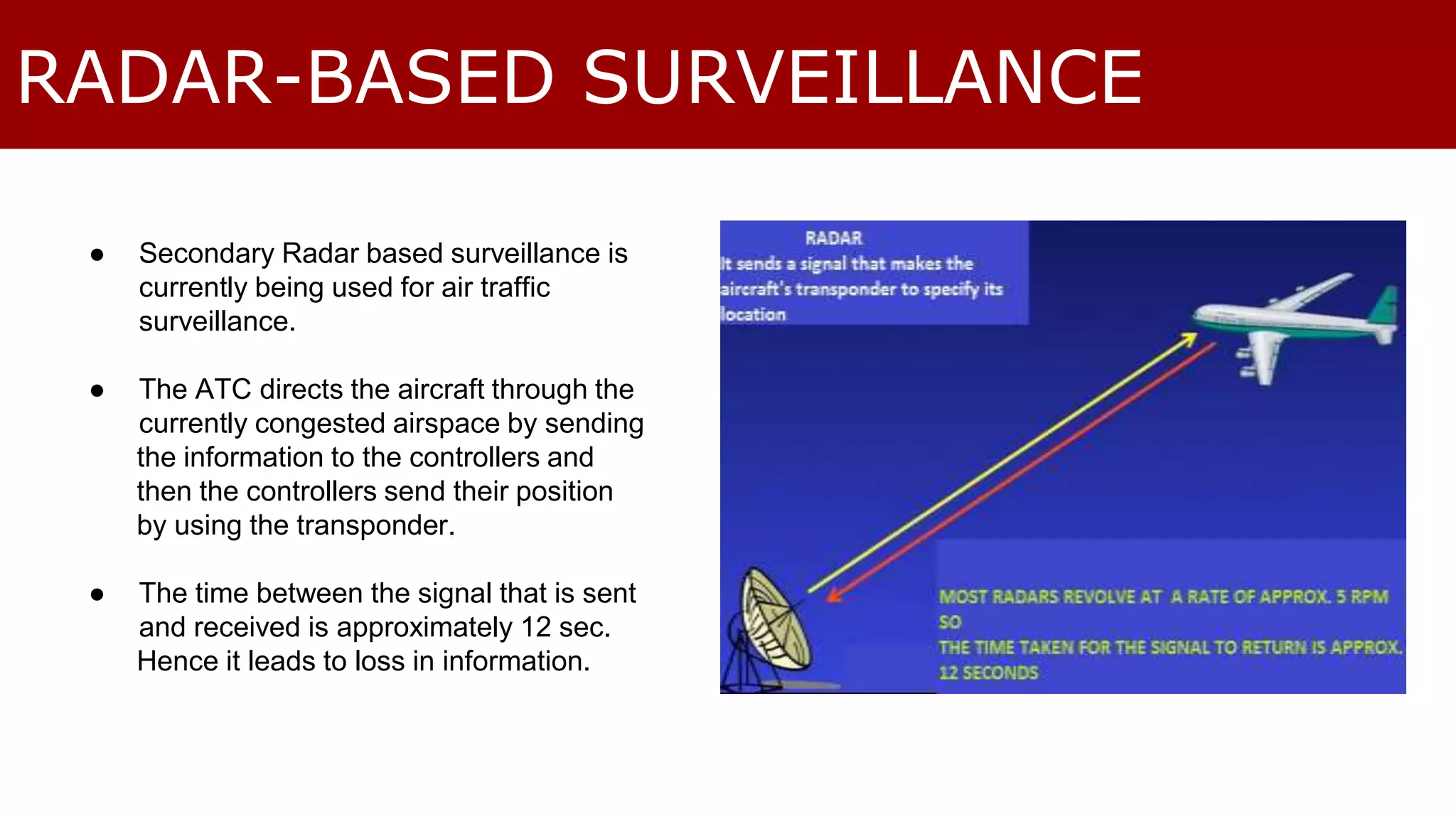 RADAR-BASED SURVEILLANCE 
● Secondary Radar based surveillance is 
currently being used for air traffic 
surveillance. 
● The ATC directs the aircraft through the 
currently congested airspace by sending 
the information to the controllers and 
then the controllers send their position 
by using the transponder. 
● The time between the signal that is sent 
and received is approximately 12 sec. 
Hence it leads to loss in information. 
 