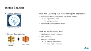In this Solution
• Traffic Manager
A10 Lig ht ning ADS
• Server Orchestrator
• Have A10 Lightning ADS front-ending the application
• Monitoring alerts configured for server latency
• For high latency limit
• For low latency limit
• Web-hook configured for alerts
• Have an AWS account with
• Application server instance
• API Gateway
• Lambda functions
• For starting the instance
• For stopping the instance
 