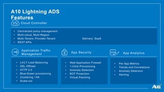 A10 Lightning ADS
Features
Cloud Controller
• Centralized policy management
• Multi-cloud, Multi-Region
• Multi-Tenant, Provider-Tenant
• REST APIs
Delivery: SaaS
Application Traffic
Management
App Security
• L4/L7 Load Balancing
• SSL Offload
• HTTP 2.0
• Blue-Green provisioning
• Clustering / HA
• Scale-out
• Web Application Firewall
• 1-Click Provisioning
• Anomaly Detection
• BOT Protection
• Virtual Patching
App Analytics
• Per App Metrics
• Trends and Correlations
• Anomaly Detection
• Alerting
 