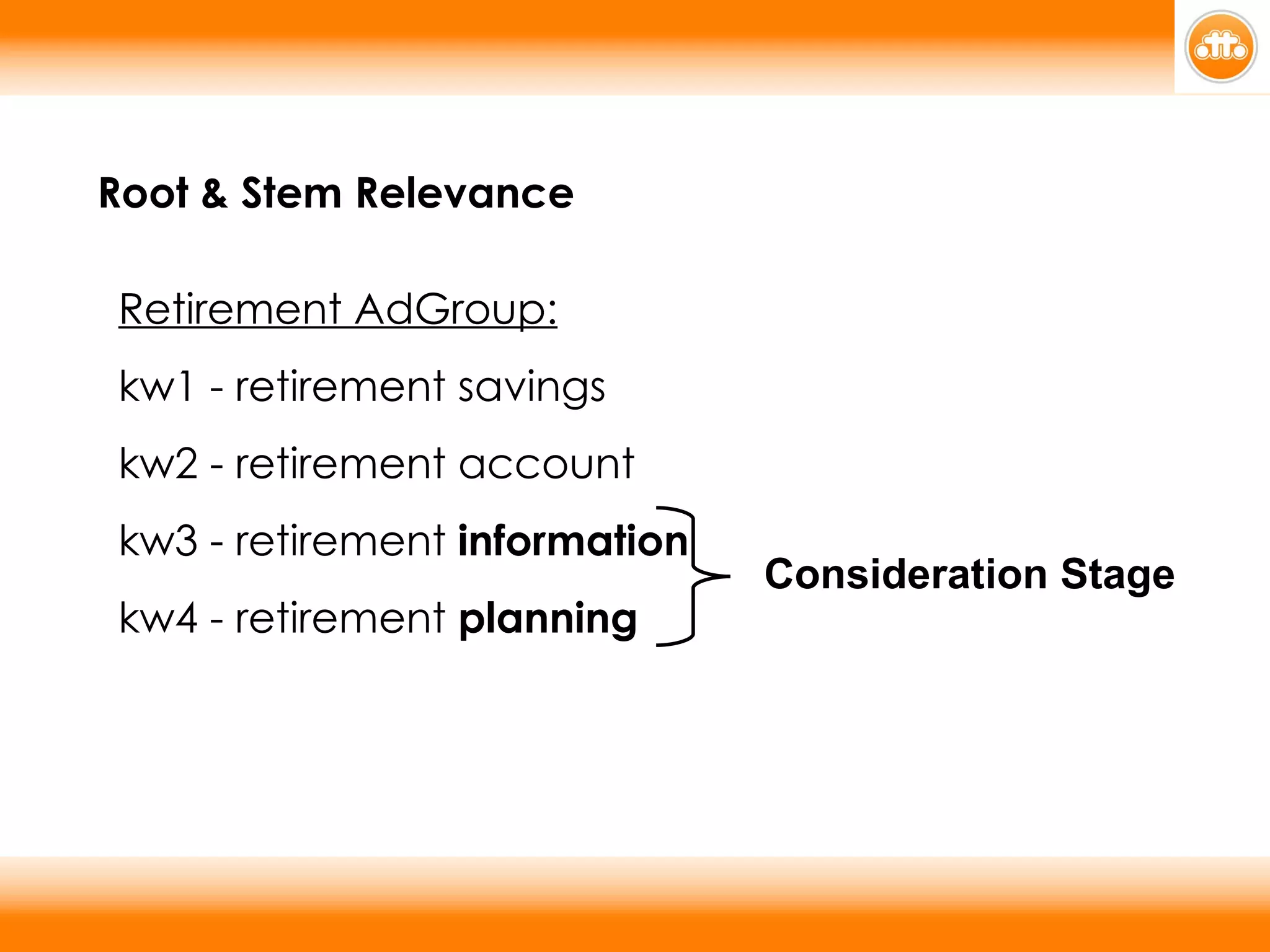 Root & Stem Relevance Retirement AdGroup:   kw1 - retirement savings  kw2 - retirement account  kw3 - retirement  information   kw4 - retirement  planning Consideration Stage 