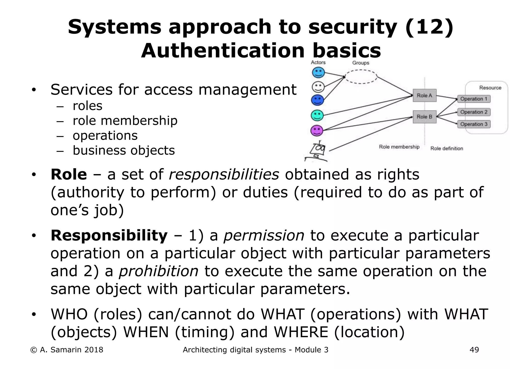 • Services for access management
– roles
– role membership
– operations
– business objects
• Role – a set of responsibilities obtained as rights
(authority to perform) or duties (required to do as part of
one’s job)
• Responsibility – 1) a permission to execute a particular
operation on a particular object with particular parameters
and 2) a prohibition to execute the same operation on the
same object with particular parameters.
• WHO (roles) can/cannot do WHAT (operations) with WHAT
(objects) WHEN (timing) and WHERE (location)
© A. Samarin 2018 Architecting digital systems - Module 3 49
Systems approach to security (12)
Authentication basics
 