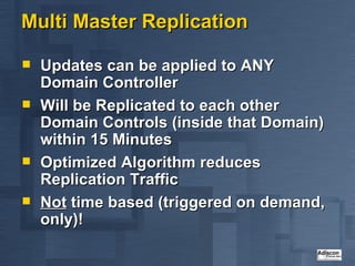 Multi Master Replication Updates can be applied to ANY Domain Controller Will be Replicated to each other Domain Controls (inside that Domain) within 15 Minutes Optimized Algorithm reduces Replication Traffic Not  time based (triggered on demand, only)! 