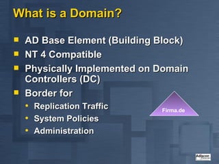 What is a Domain? AD Base Element (Building Block) NT 4 Compatible Physically Implemented on Domain Controllers (DC) Border for Replication Traffic System Policies Administration Firma.de 