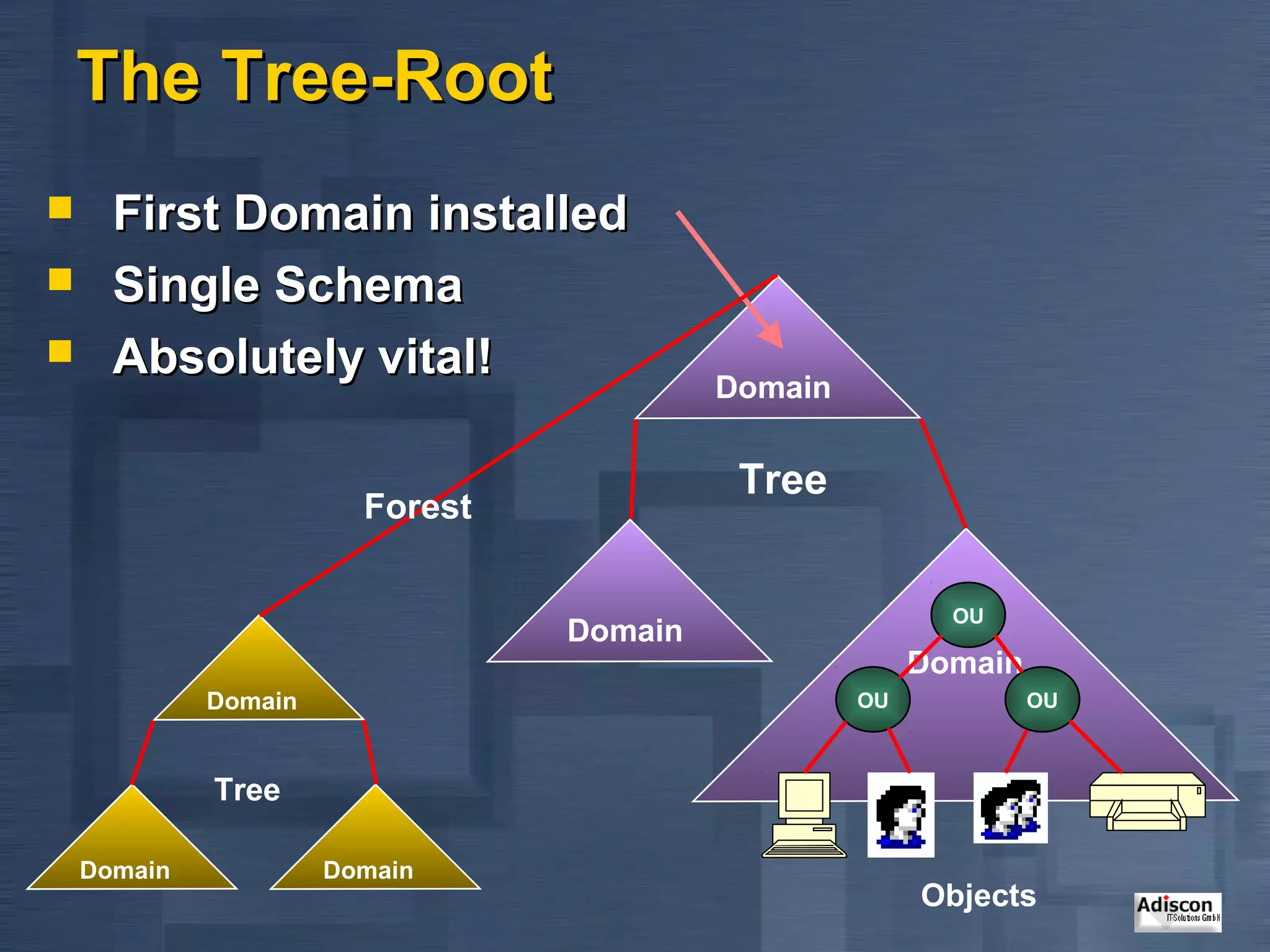 The Tree-Root
     First Domain installed
     Single Schema
     Absolutely vital!
                                          Domain


                                           Tree
                        Forest

                                                          OU
                                 Domain
                                                        Domain
             Domain                                OU            OU



             Tree

    Domain            Domain
                                                        Objects
 