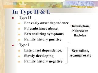 In Type II & I.
■ Type II
■ For early onset dependence
■ Polysubstance abuse.
■ Externalizing symptoms
■ Family history positive
■ Type I
■ Late onset dependence.
■ Slowly developing
■ Family history negative
Ondansetron,
Naltrexone
Baclofen
Sertraline,
Acamprosate
 
