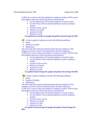 Advanced Data Structures, JIIT                                    Sanjay Goel, 2006


          A BST tree is used to index this database on employee number. WAP to store
          this database and answer following queries and operations:
                     List the department of co-posted employees of a given name.
                     List the Names of the co-posted employees of given employee
                     number.
                     insertion of new record.
                     deletion of a record
                     insertion of a link
                     deletion of a link
               Use pointer-less storage for graph and pointer based storage for BST.

           B7: Create a graph of employee records with following attributes:
            • Name
            • Employee Number
            • Department
          The inter-node links represent shared postings between employees. One
          employee can have at most 4 shared postings with other employees.
          A BST tree is used to index this database on employee number. WAP to store
          this database and answer following queries and operations:
                     List the department of co-posted employees of a given name.
                     List the Names of the co-posted employees of given employee
                     number.
                     insertion of new record.
                     deletion of a record
                     insertion of a link
                     deletion of a link
               Use pointer based storage for graph and pointer-less storage for BST.

           B8: Create a graph of employee records with following attributes:
            • Name
            • Employee Number
            • Department
          The inter-node links represent shared postings between employees. One
          employee can have at most 4 shared postings with other employees.
          A BST tree is used to index this database on employee number. WAP to store
          this database and answer following queries and operations:
                     List the department of co-posted employees of a given name.
                     List the Names of the co-posted employees of given employee
                     number.
                     insertion of new record.
                     deletion of a record
                     insertion of a link
                     deletion of a link
               Use pointer based storage for graph and pointer based storage for
          BST.
 