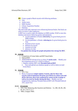 Advanced Data Structures, JIIT                                       Sanjay Goel, 2006




          B9: Create a graph of Book records with following attributes:
            • Title
            • Author name
            • ISBN Number
            • Library Acquisition Number
            • Publisher
          The inter-node links represent cross referencing between books. One book can
          refer to at most 5 other employees.
          A BST tree is used to index this database on ISBN number. WAP to store this
          database and answer following queries and operations:
                      List the publishers of books referred by of a given book given its
                      ISBN number.
                      List the publishers of books referring to of a given book given its
                      Title
                      Insertion of new record.
                      deletion of a record
                      insertion of a link
                      deletion of a link
               Use pointer-less storage for graph and pointer-less storage for BST.

     20. 18.04.06
           1. Comparison of Linear Index and BST based Index.
           2. Indexed BST.
           3. ASSIGNMENT (Group of two or alone, 9 marks each) : Modify your
               last assignment given on 11.04.05 as follows:
               i. Replace ordinary BST with Threaded Indexed BST.
               ii. Save and upload your database (graph as well as index) on (and
                  from) file(s).

     21. 19.04.06
           1. AVL Tree.
           2. Bonus Assignment (single student, 5 marks, only for those who
               scored a total of minimum 20 marks out of 60 in two minor tests and
               all five lab tests, three tests conducted by seniors in the evenings as
               well as two tests by faculty during lab time): Modify your last
               assignment by replacing Threaded Indexed BST with Threaded Indexed
               AVL search Tree.

     22-23. 25-26.04.06
          1. AVL Tree: Balancing after Insertion and Deletion. LL, RR, LR, RL, R0,
             R1, R-1, L0, L1, L-1.
          2. TRIE, Compact TRIE.
 