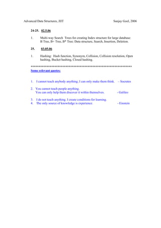 Advanced Data Structures, JIIT                                       Sanjay Goel, 2006


     24-25. 02.5.06

     1.     Multi-way Search Trees for creating Index structure for large database:
            B Tree, B+ Tree, B* Tree: Data structure, Search, Insertion, Deletion.

     25.     03.05.06

     1.     Hashing: Hash function, Synonym, Collision, Collision resolution, Open
            hashing, Bucket hashing, Closed hashing.

     ****************************************************************
     Some relevant quotes:


     1. I cannot teach anybody anything; I can only make them think. – Socrates

     2. You cannot teach people anything.
        You can only help them discover it within themselves.           - Galileo

     3. I do not teach anything. I create conditions for learning.
     4. The only source of knowledge is experience.                     - Einstein
 