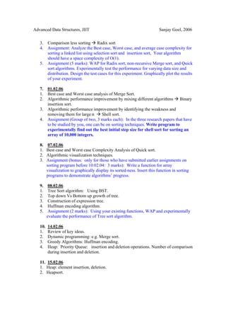 Advanced Data Structures, JIIT                                              Sanjay Goel, 2006


   3. Comparison less sorting Radix sort
   4. Assignment: Analyze the Best case, Worst case, and average case complexity for
      sorting a linked list using selection sort and insertion sort, Your algorithm
      should have a space complexity of O(1).
   5. Assignment (5 marks): WAP for Radix sort, non-recursive Merge sort, and Quick
      sort algorithms. Experimentally test the performance for varying data size and
      distribution. Design the test cases for this experiment. Graphically plot the results
      of your experiment.

   7. 01.02.06
   1. Best case and Worst case analysis of Merge Sort.
   2. Algorithmic performance improvement by mixing different algorithms Binary
      insertion sort.
   3. Algorithmic performance improvement by identifying the weakness and
      removing them for large n      Shell sort.
   4. Assignment (Group of two, 3 marks each): In the three research papers that have
      to be studied by you, one can be on sorting techniques. Write program to
      experimentally find out the best initial step size for shell sort for sorting an
      array of 10,000 integers.

   8.     07.02.06
   1.    Best case and Worst case Complexity Analysis of Quick sort.
   2.    Algorithmic visualization techniques.
   3.    Assignment (bonus: only for those who have submitted earlier assignments on
         sorting program before 10.02.04: 3 marks): Write a function for array
         visualization to graphically display its sorted-ness. Insert this function in sorting
         programs to demonstrate algorithms’ progress.

   9.     08.02.06
   1.     Tree Sort algorithm: Using BST.
   2.     Top down Vs Bottom up growth of tree.
   3.     Construction of expression tree.
   4.     Huffman encoding algorithm.
   5.     Assignment (2 marks): Using your existing functions, WAP and experimentally
         evaluate the performance of Tree sort algorithm.

   10.   14.02.06
   1.    Review of key ideas.
   2.    Dynamic programming: e.g. Merge sort.
   3.    Greedy Algorithms: Huffman encoding.
   4.    Heap: Priority Queue: insertion and deletion operations. Number of comparison
         during insertion and deletion.

   11. 15.02.06
   1. Heap: element insertion, deletion.
   2. Heapsort.
 